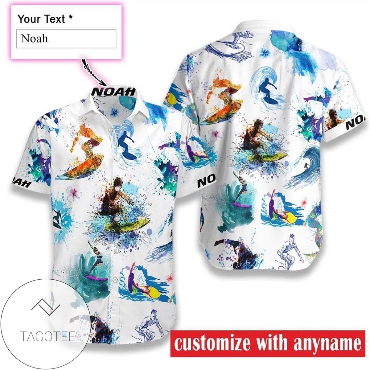Name Personalized Water Color Surfing Hawaiian Shirts