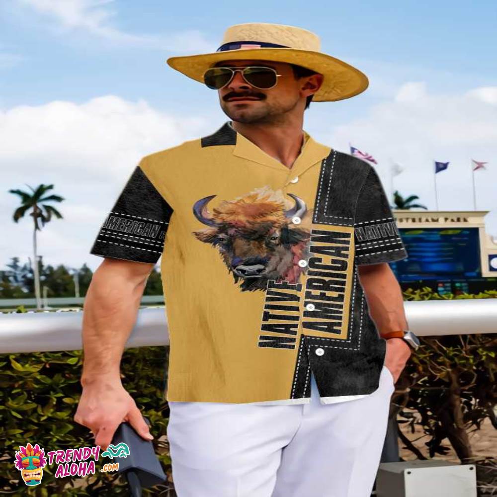 Native American Forest Bison Hawaiian Shirt, Black And Yellow Native American Indian Shirt