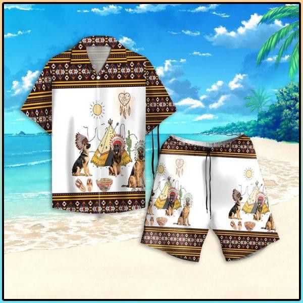 Native American German Shepherd Dog Hawaiian Shirt Set Unisex