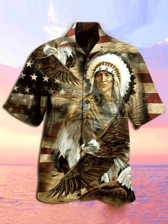 Native American Hawaii Shirt Native American Chief Eagle American Flag Trendy Hawaiian Shirt Native American Aloha Shirt