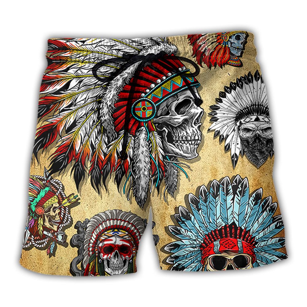 Native American Skull Vintage Art Style Trendy Aloha Hawaiian Beach Shorts Native American Skull Vintage Art Style Trendy Aloha Hawaiian Beach Shorts