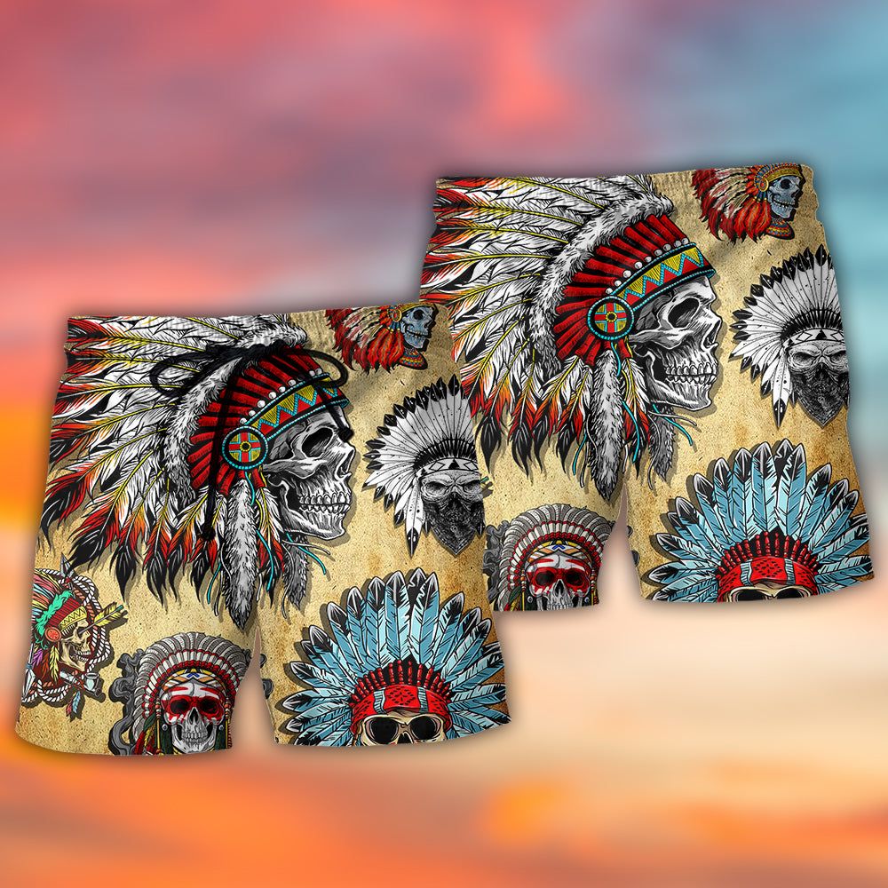 Native American Skull Vintage Art Style Trendy Aloha Hawaiian Beach Shorts