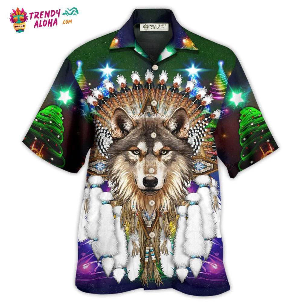 Native Wolf And Merry Christmas Cool Hawaiian Shirt – Trendy Aloha Native Wolf And Merry Christmas Cool Hawaiian Shirt – Trendy Aloha
