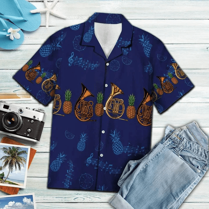 Navy Themed French Horn Musical Instrument Trendy Hawaiian Shirt Navy Themed French Horn Musical Instrument Trendy Hawaiian Shirt