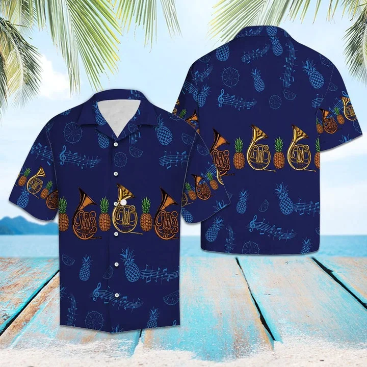Navy Themed French Horn Musical Instrument Trendy Hawaiian Shirt