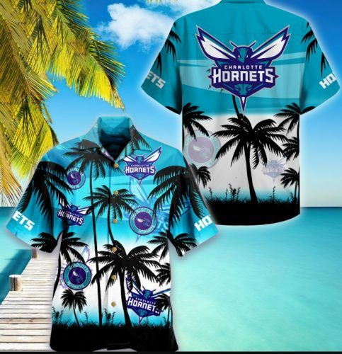 NBA Charlotte Hornets Black Teal Palm Trees Beach Hawaiian Shirt