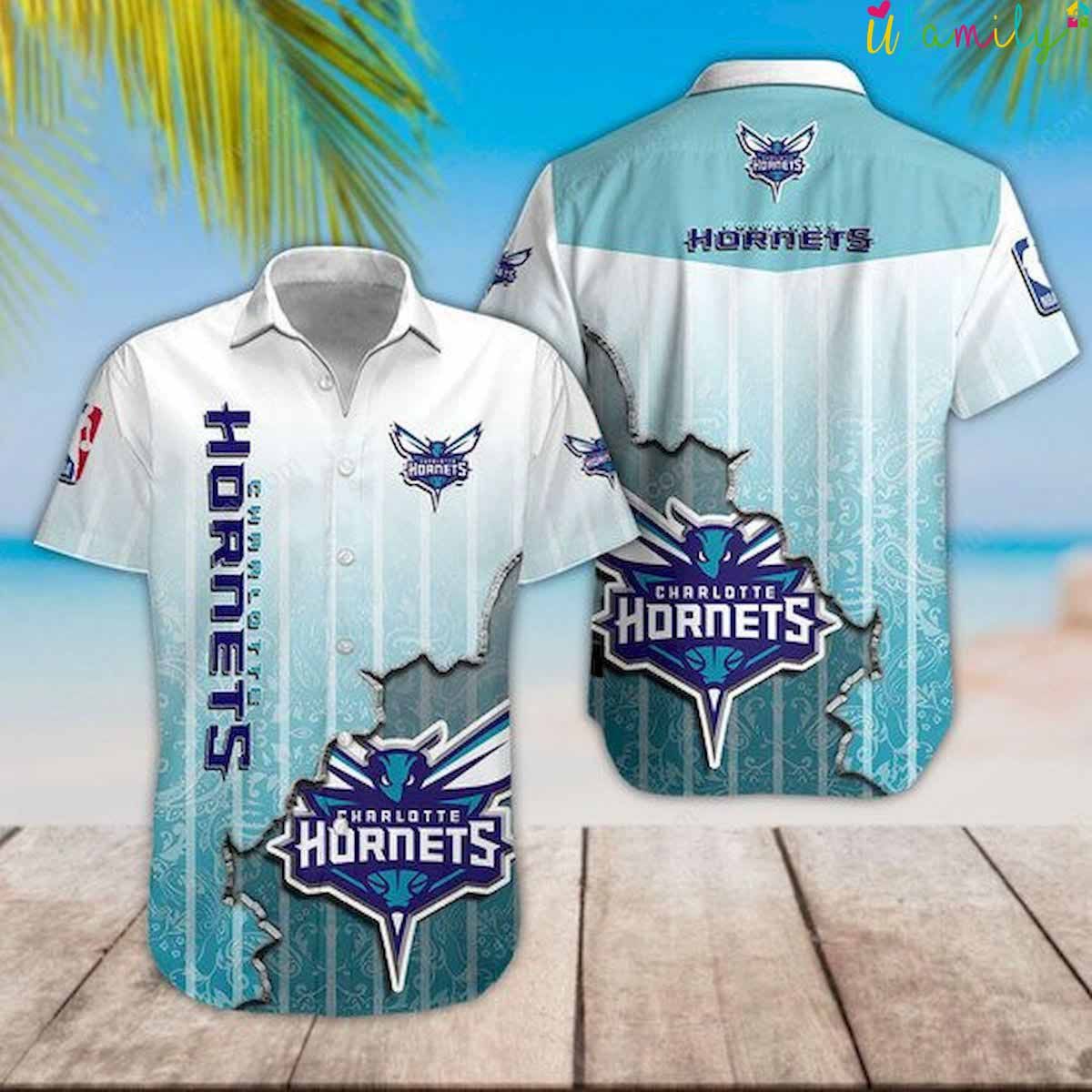 Nba Charlotte Hornets White Teal Scratch Trendy Hawaiian Shirt Aloha Shirt