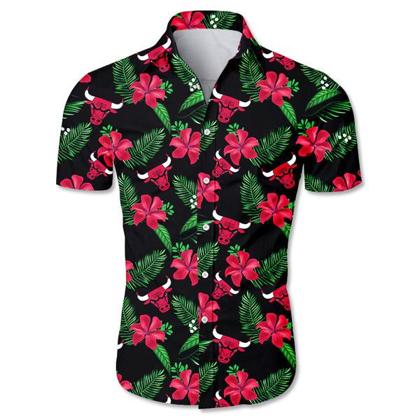 Nba Chicago Bulls Red Hibiscus Flower Green Leaves Trendy Hawaiian Shirt Aloha Shirt