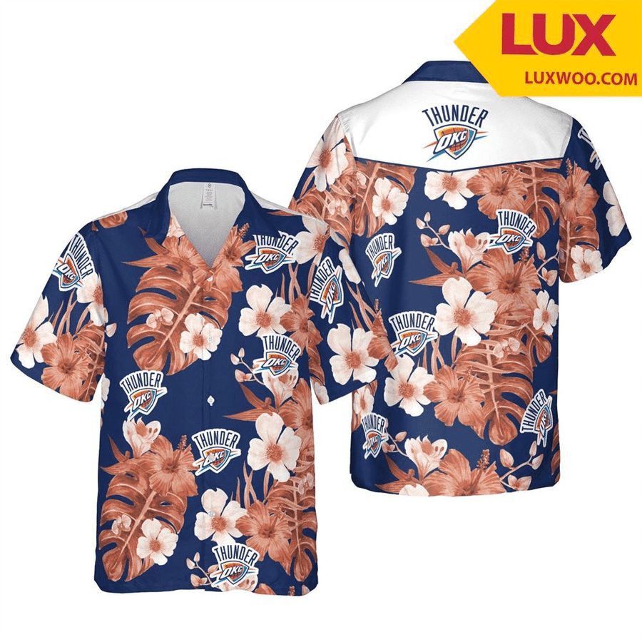 NBA Oklahoma City Thunder White Hibiscus Orange Leaves Hawaiian Shirt