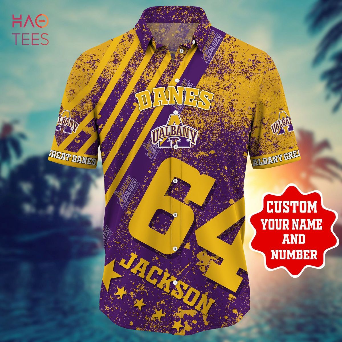 Ncaa Albany Great Danes Custom Name Number Gold Trendy Hawaiian Shirt Aloha Shirt