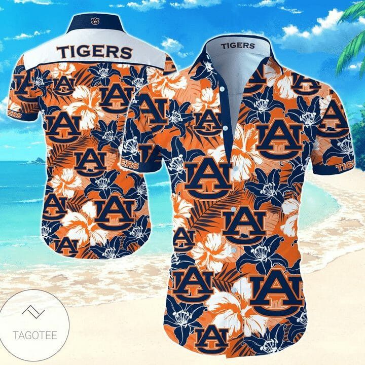 Ncaa Auburn Tigers Orange Flowers Blue Trendy Hawaiian Shirt V2 Aloha Shirt