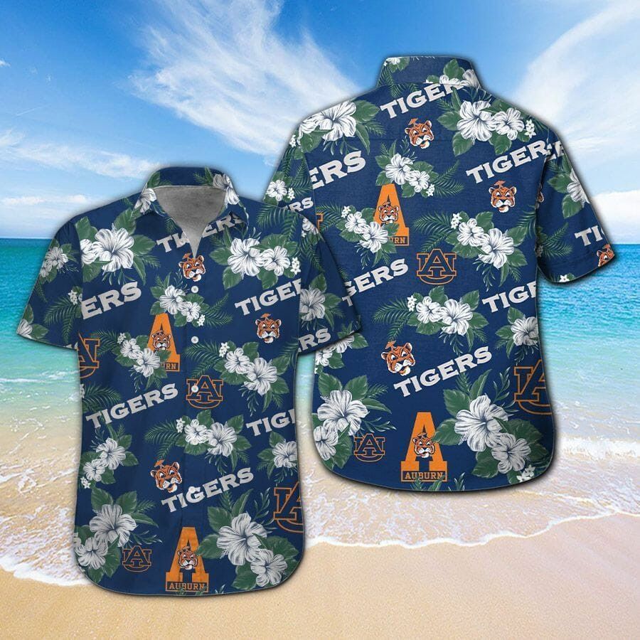 Ncaa Auburn Tigers White Flowers Blue Trendy Hawaiian Shirt Aloha Shirt