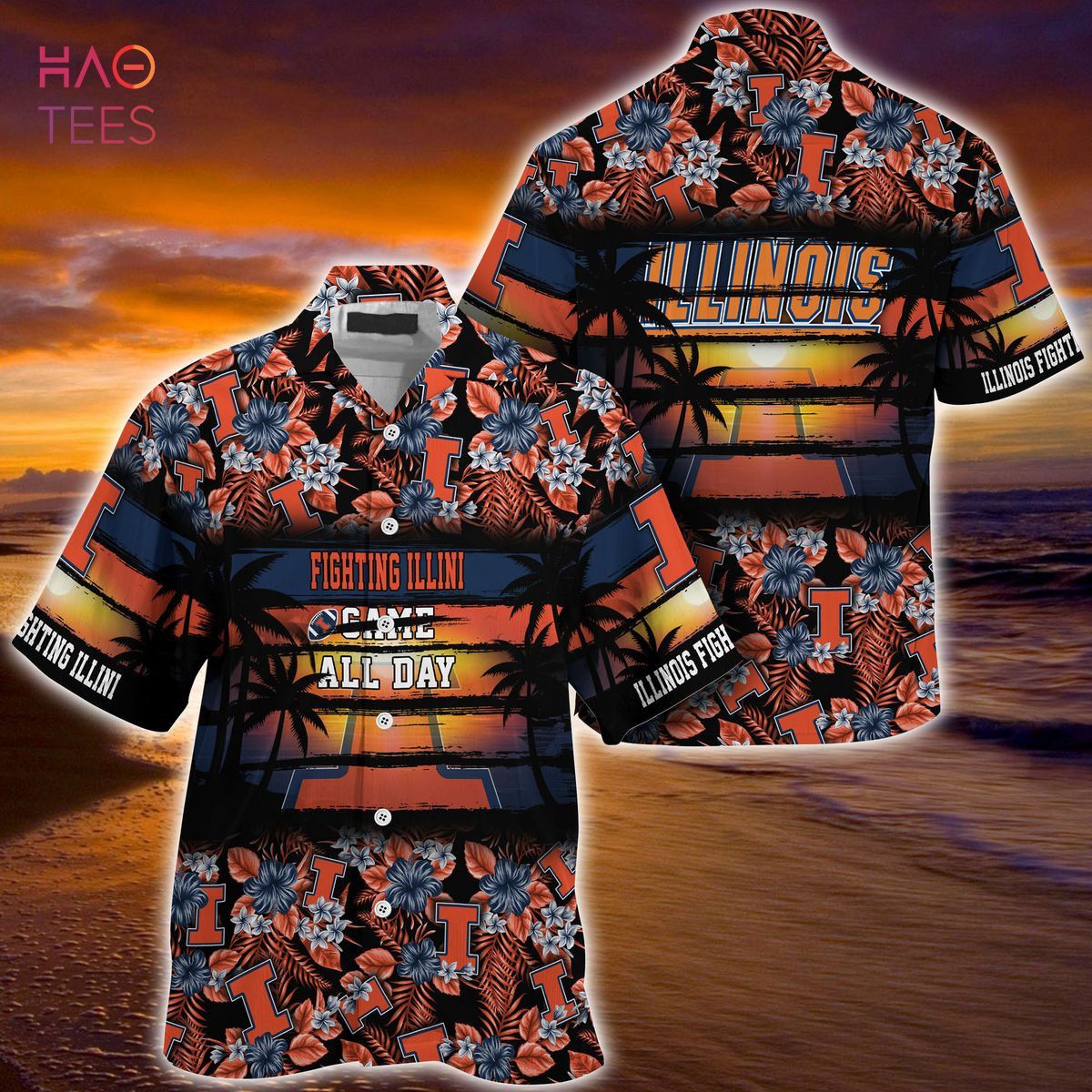 NCAA Illinois Fighting Illini Orange Blue Flowers Hawaiian Shirt