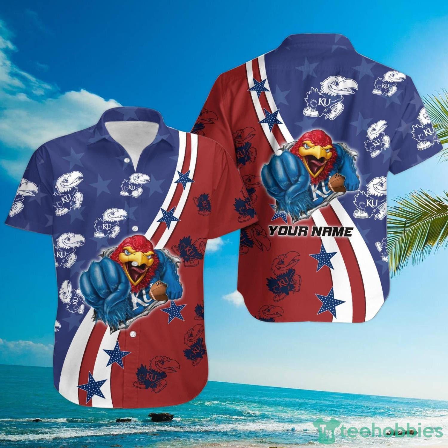 Ncaa Kansas Jayhawks Custom Name Mascot Trendy Hawaiian Shirt Aloha Shirt Ncaa Kansas Jayhawks Custom Name Mascot Trendy Hawaiian Shirt Aloha Shirt