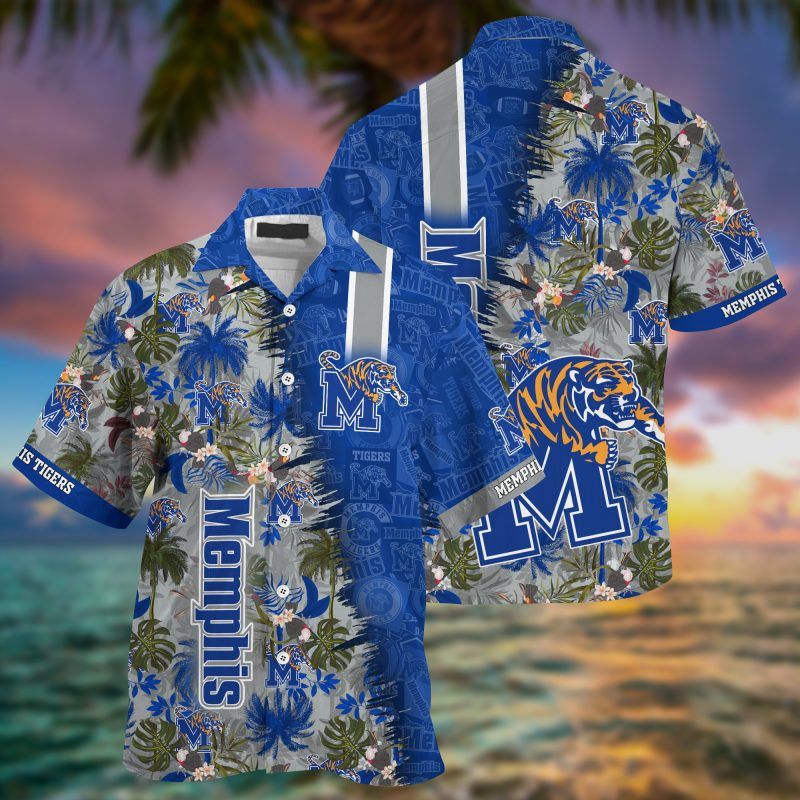 Ncaa Memphis Tigers Blue Gray Coconut Tree Island Trendy Hawaiian Shirt Aloha Shirt