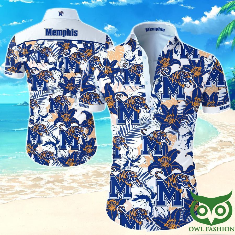 NCAA Memphis Tigers White Blue Tropical Flowers Hawaiian Shirt