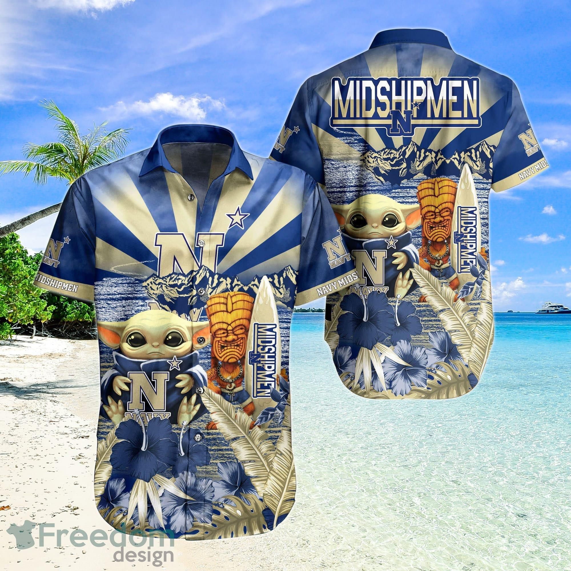 Ncaa Navy Midshipmen Baby Yoda Tiki Flower Trendy Hawaiian Shirt Aloha Shirt