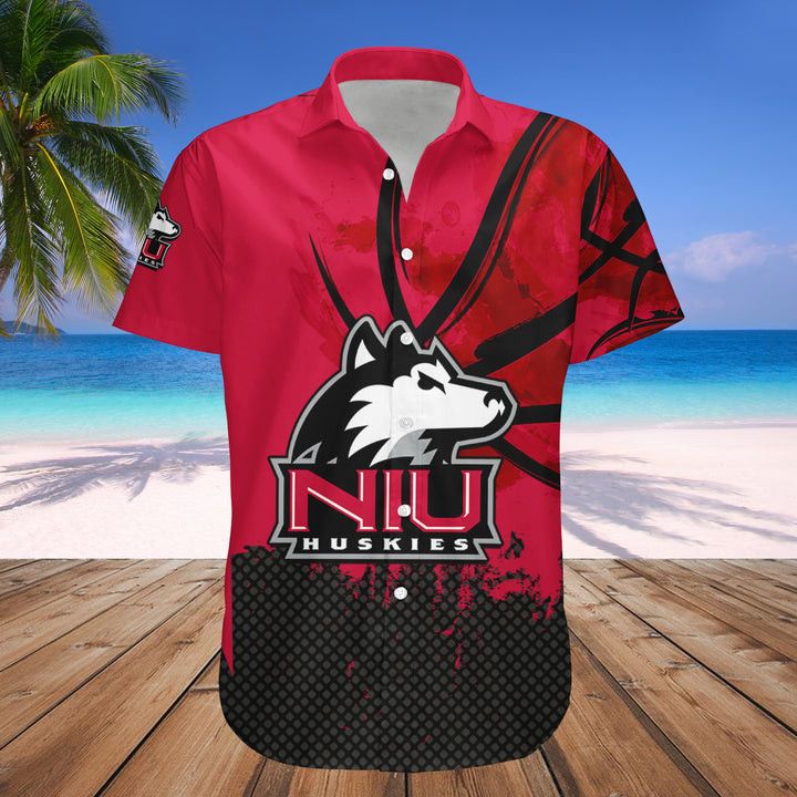 NCAA Northern Illinois Huskies Custom Text Number Red Black Hawaiian Shirt V4 Aloha Shirt