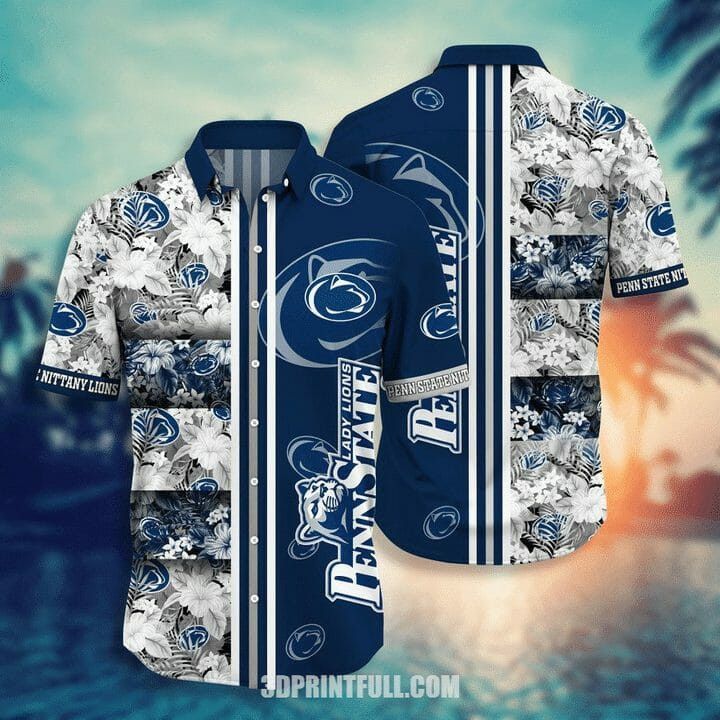 NCAA Penn State Nittany Lions White Flowers Blue Hawaiian Shirt V3 Aloha Shirt