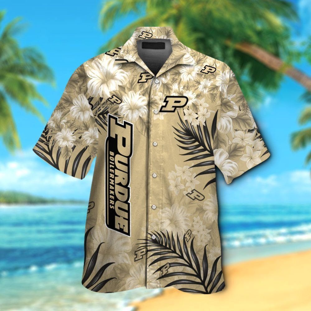 NCAA Purdue Boilermakers Gold Tropical Flowers Hawaiian Shirt