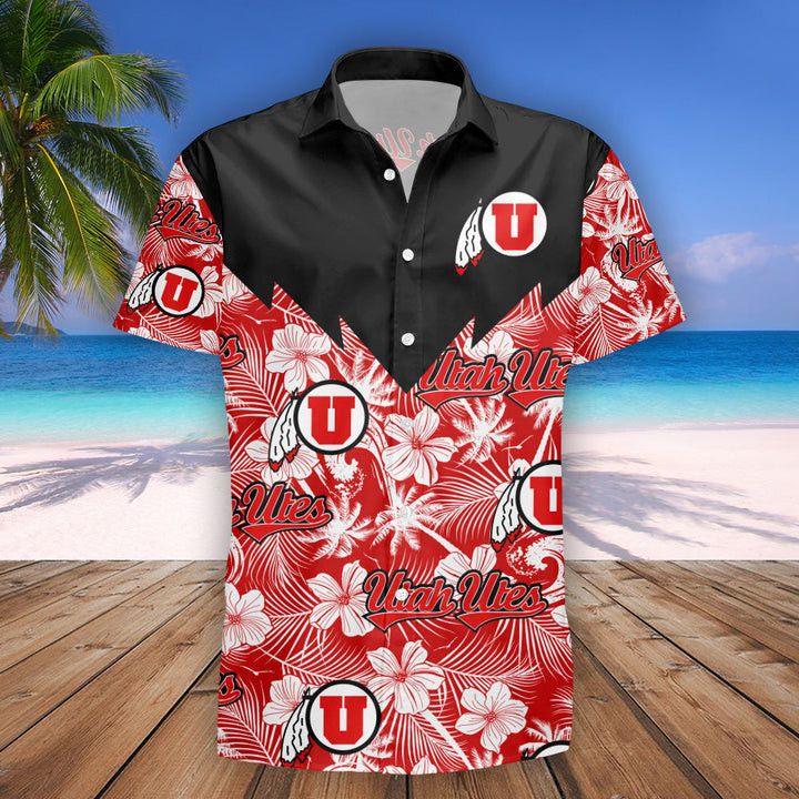 NCAA Utah Utes Flower Tropical Red Black Hawaiian Shirt