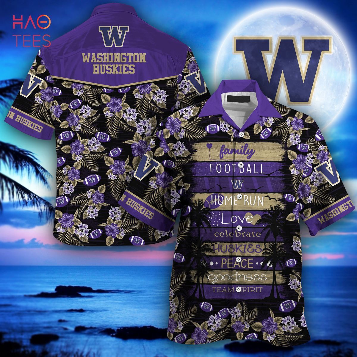 NCAA Washington Huskies Black Purple Hawaiian Shirt V3 Aloha Shirt