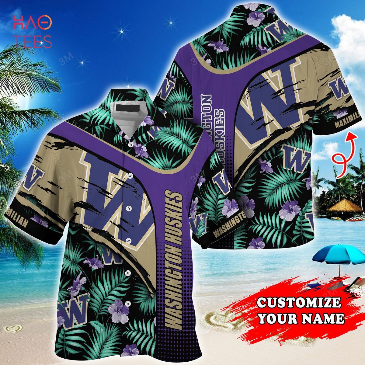 NCAA Washington Huskies Custom Name Green Black Hawaiian Shirt