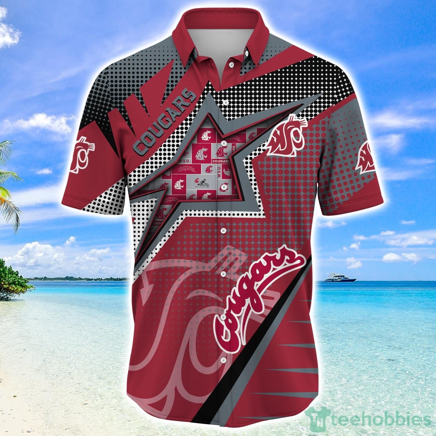 Ncaa Washington State Cougars Red Grey Star Pattern Trendy Hawaiian Shirt Aloha Shirt