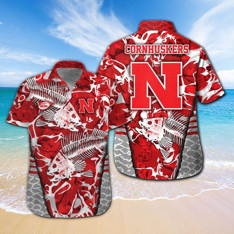 Nebraska Cornhuskers Fishing Short Sleeve Button Up Tropical Hawaiian Shirt