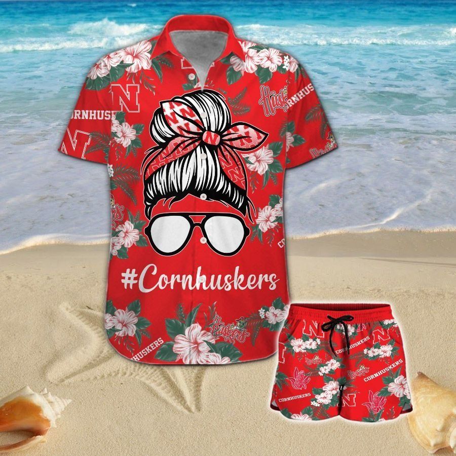 Nebraska Cornhuskers Girl Messy Bun Short Sleeve Button Up Tropical Hawaiian Shirt