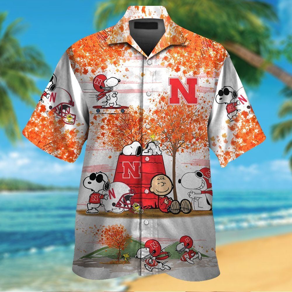 Nebraska Cornhuskers Snoopy Autumn Short Sleeve Button Up Tropical Hawaiian Shirt