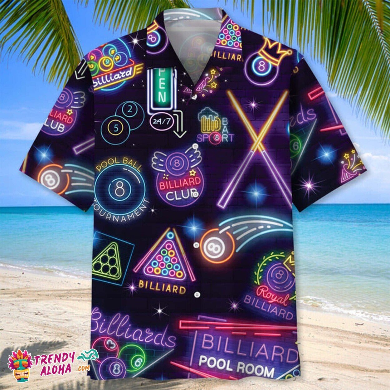 Neon Billiards Team Graphic Hawaiian Shirt Gift for Pool Players