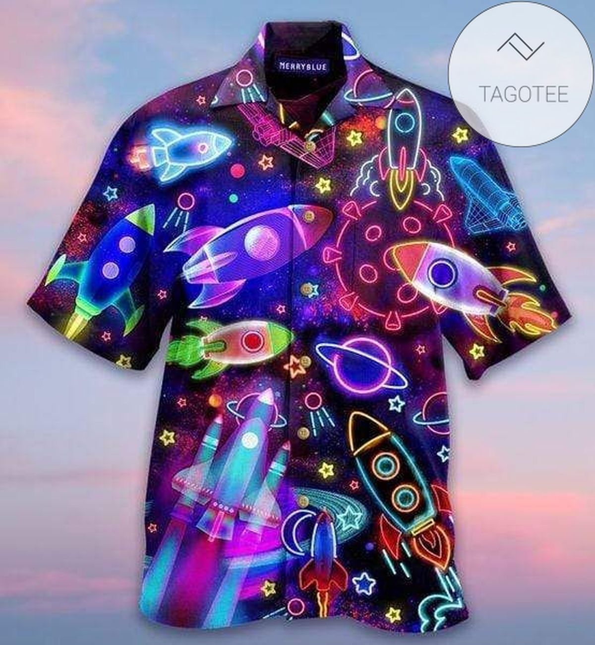 Neon Colorful Light Rocket Outer Space Unisex Hawaiian Shirt