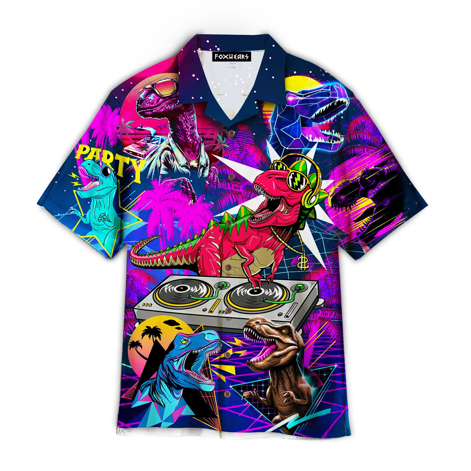 Neon DJ T-Rex Dinosaur Party in Hawaiian Shirt