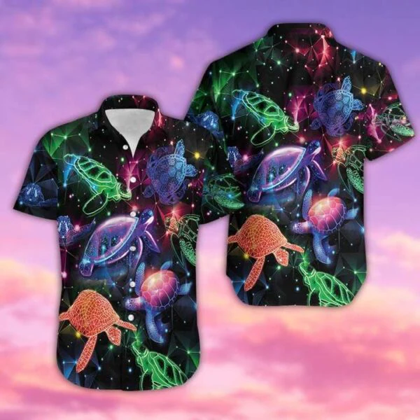 Neon Glowing Turtle Colorful Trendy Hawaiian Shirt, Trendy Hawaiian Shirt For Men