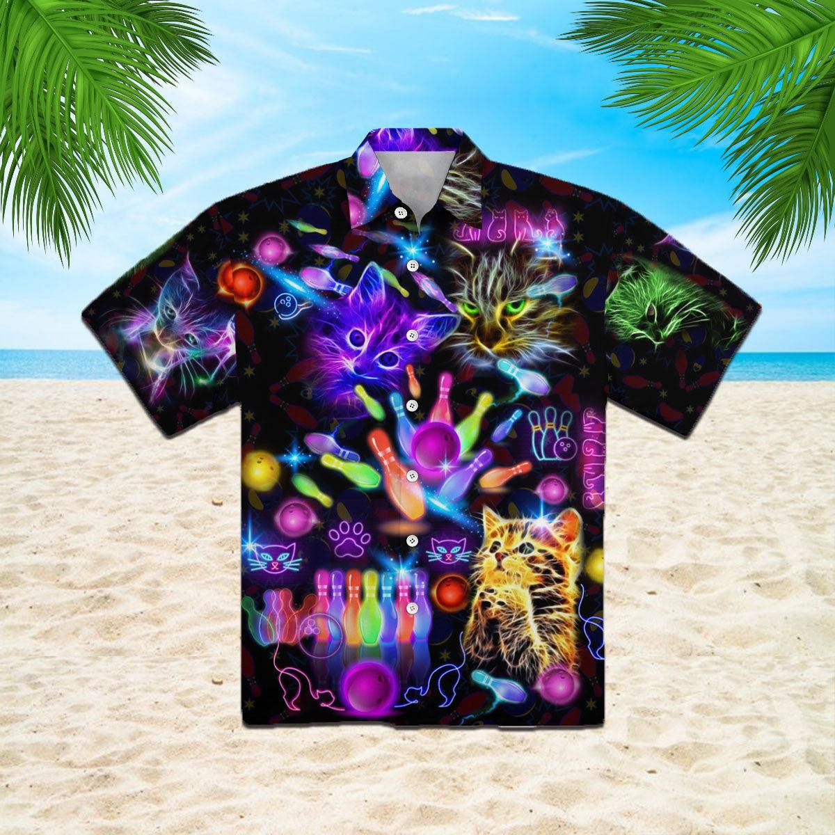 Neon Kitty Play Bowling In The Dark Trendy Hawaiian Shirt