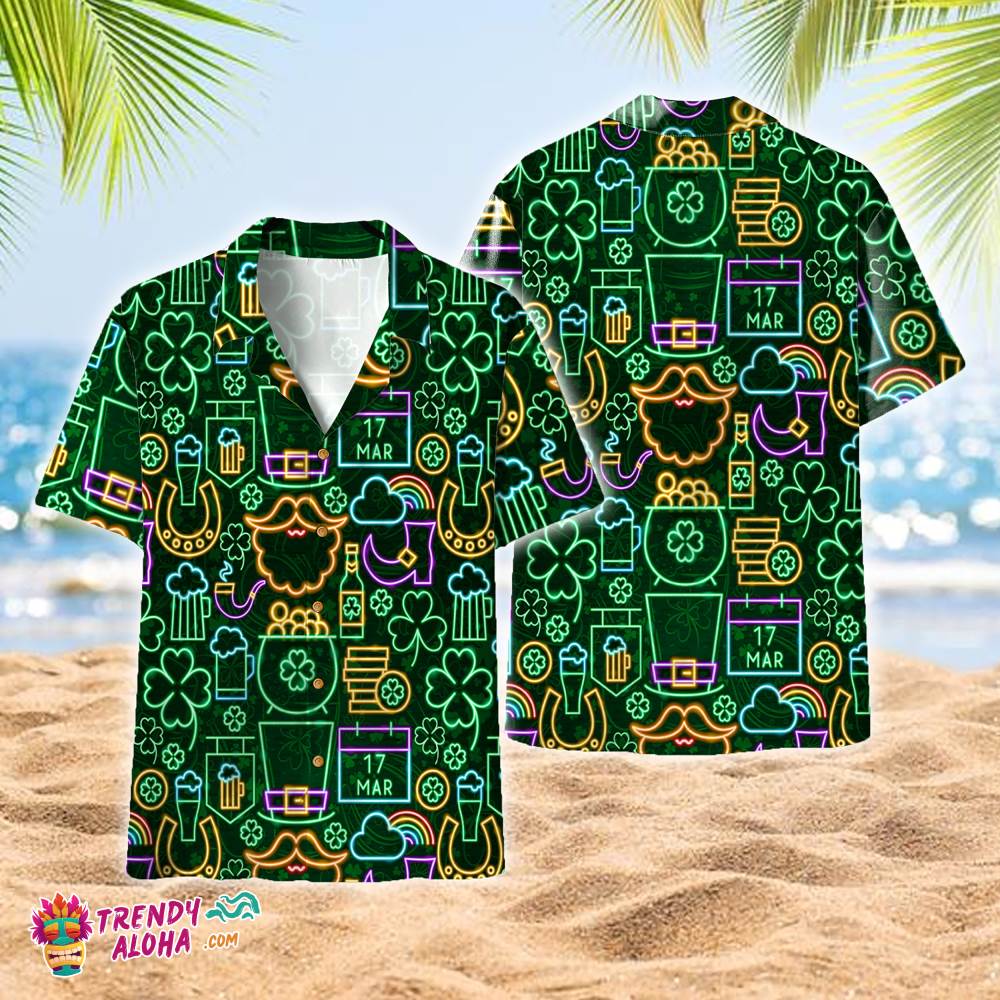 Neon Light Black St Patricks Day Aloha Hawaiian Shirts, Aloha Hawaiian Shirts