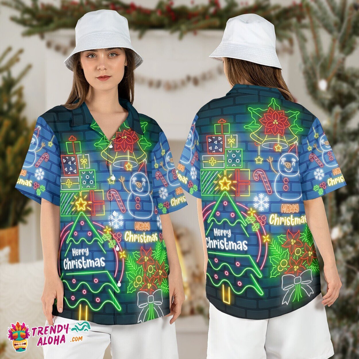 Neon Merry Christmas Tropical Tree Hawaiian Xmas Holiday Aloha Shirt