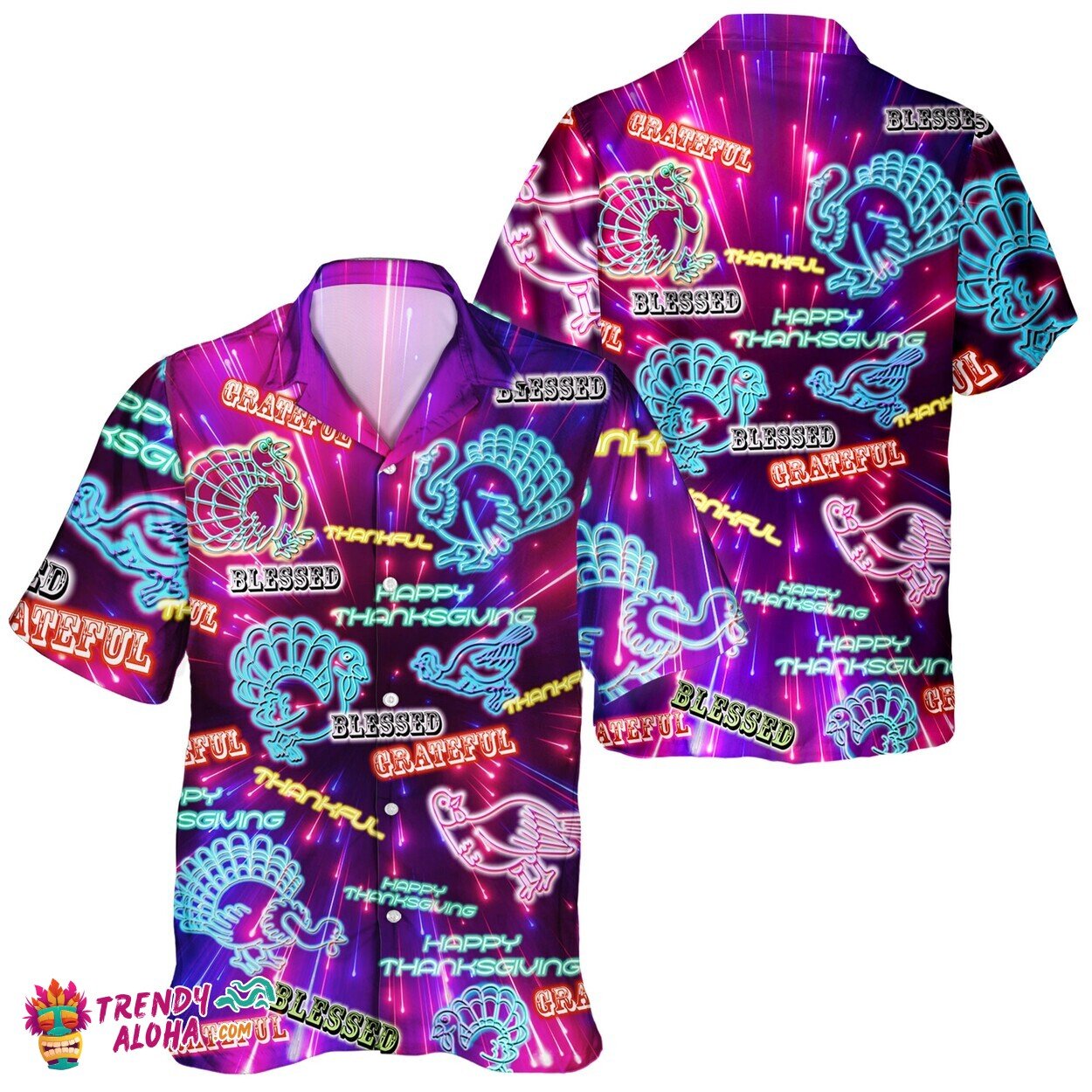 Neon Turkey and Pumpkin Unisex Hawaiian Shirt for Thanksgiving Gathering
