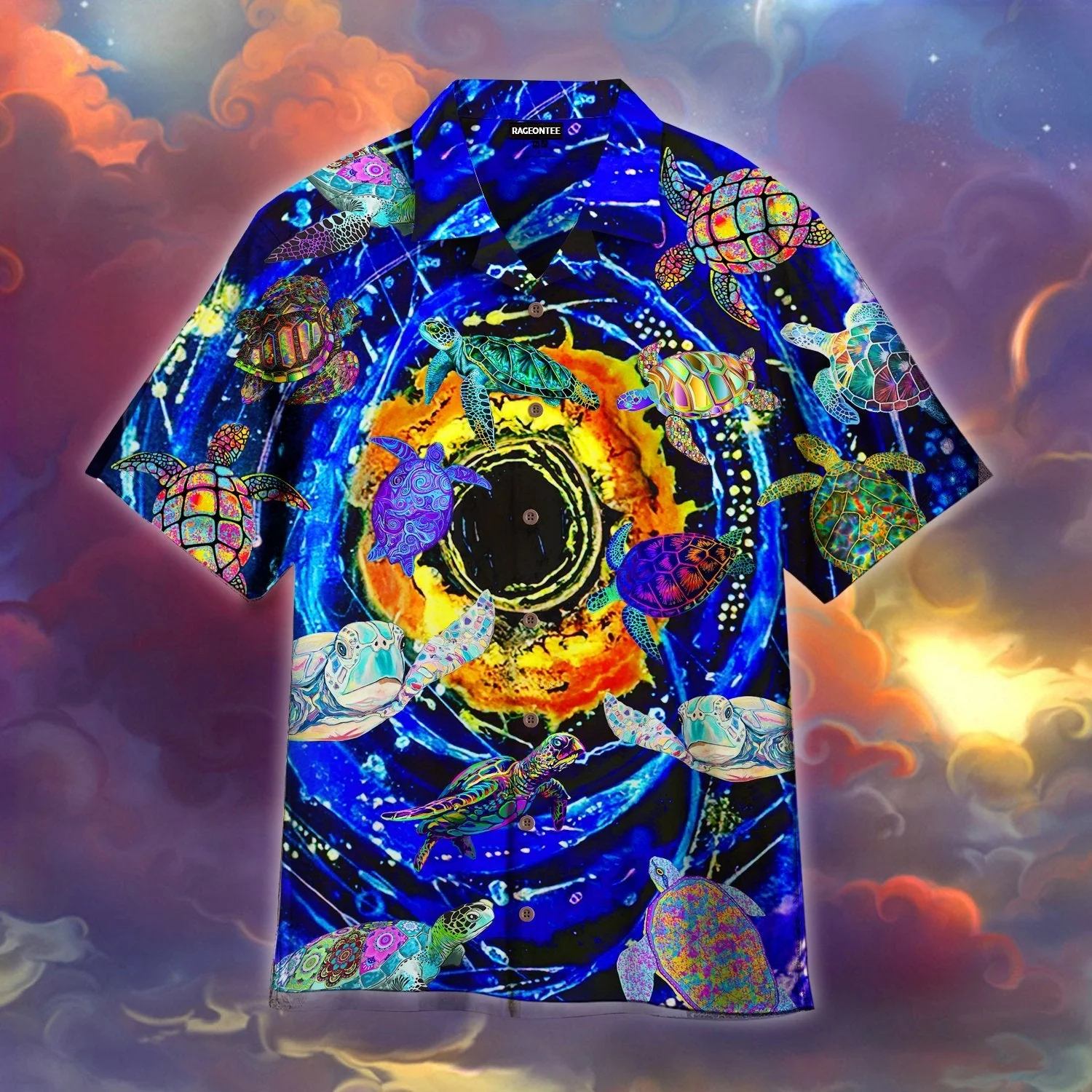 Neon Turtle Riding Waves Design Hawaiian Shirt