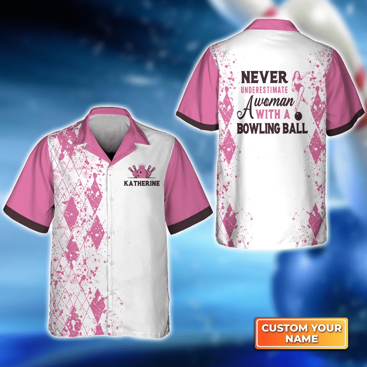 Never Underestimate A Woman With A Bowling Ball Pink Trendy Hawaiian Shirt, Bowling Trendy Hawaiian Shirt For Men, Women, Bowling Team
