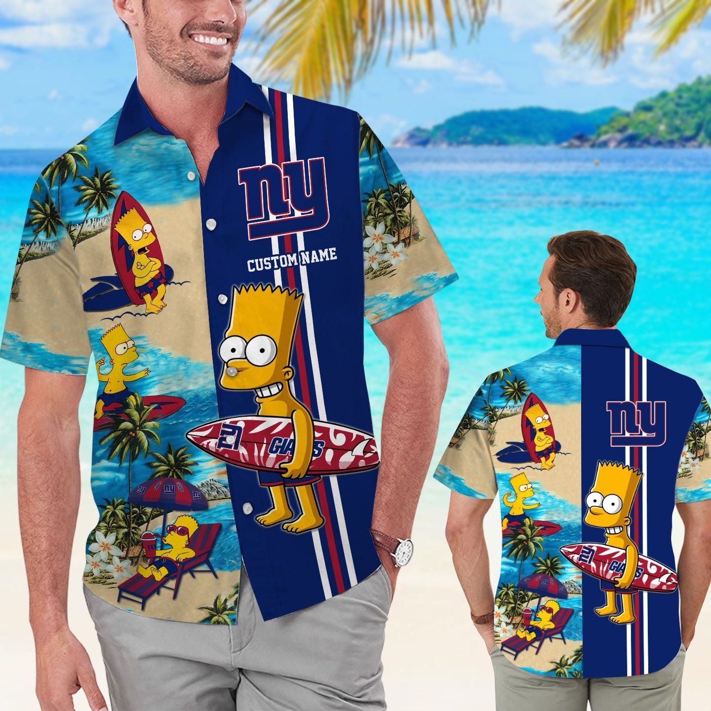 New York Giants Simpsons Name Personalized Short Sleeve Button Up Tropical Hawaiian Shirt