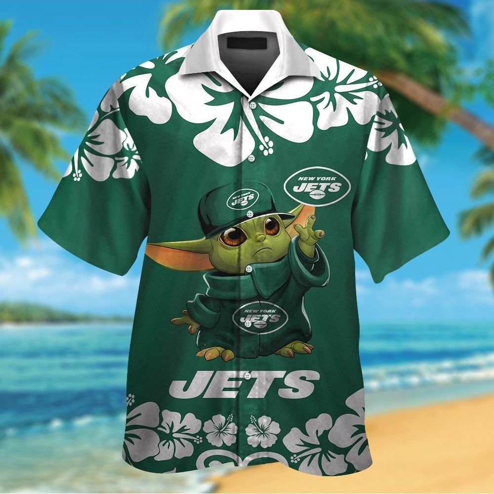 New York Jets Baby Yoda Short Sleeve Button Up Tropical Hawaiian Shirt