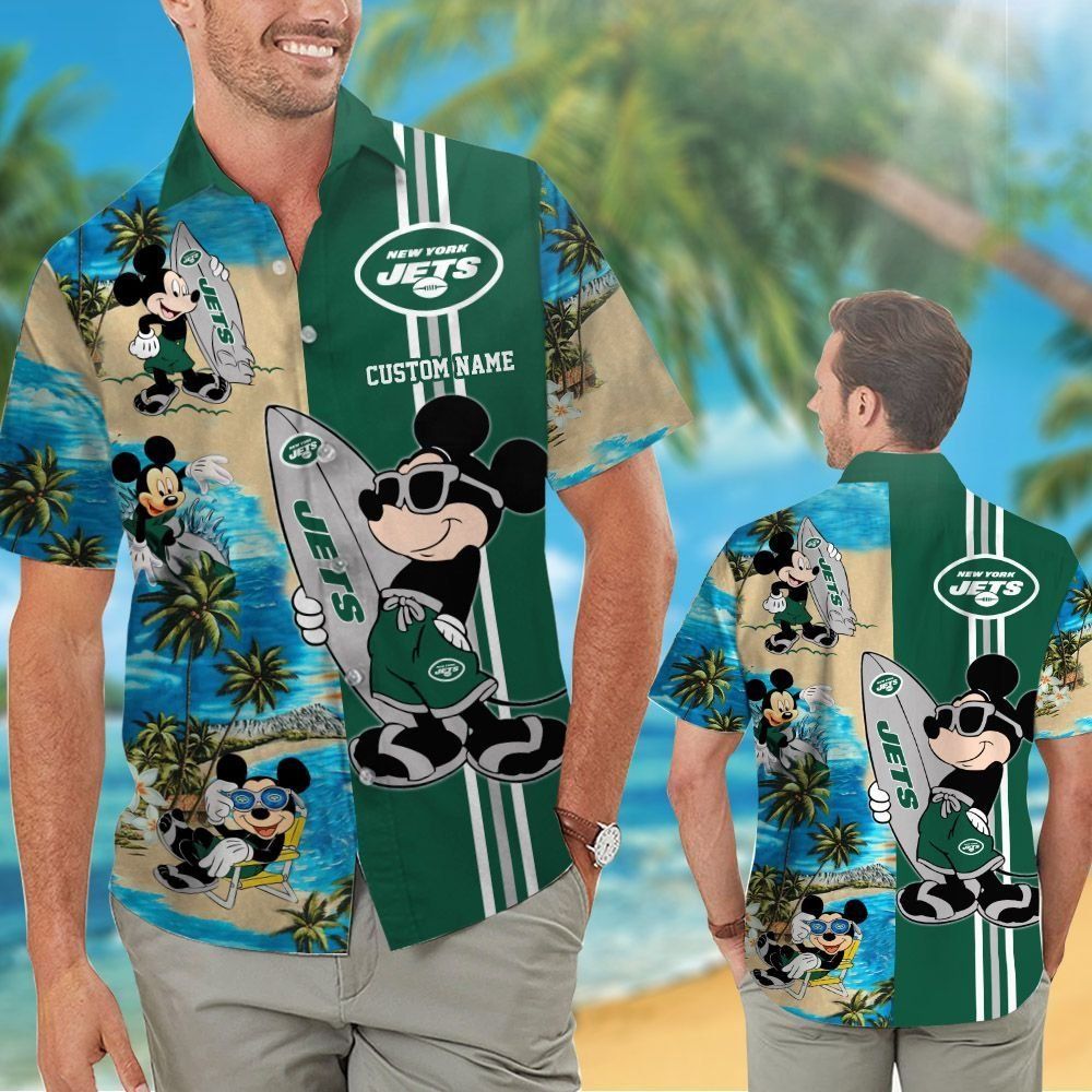New York Jets Mickey Name Personalized Short Sleeve Button Up Tropical Hawaiian Shirt