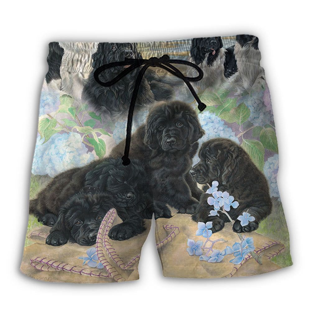 Newfoundland Black Dog Floral Lover Trendy Aloha Hawaiian Beach Shorts