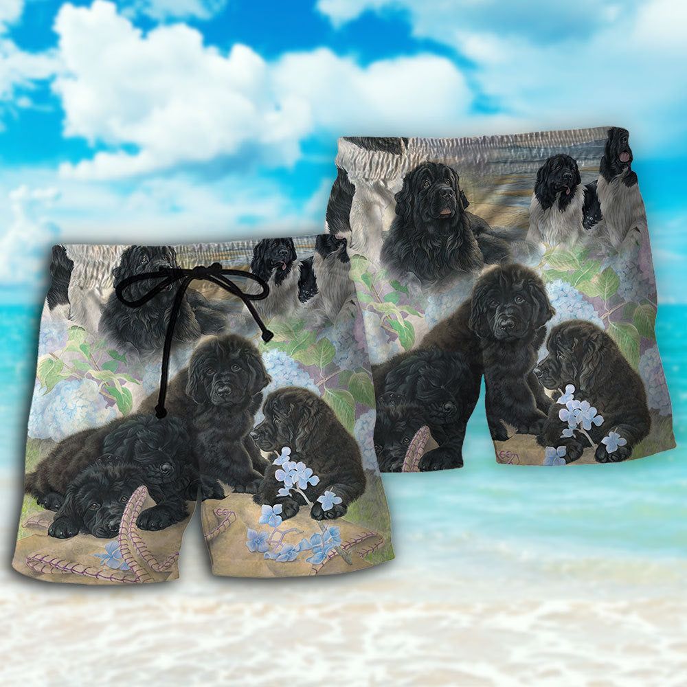 Newfoundland Black Dog Floral Lover Trendy Aloha Hawaiian Beach Shorts