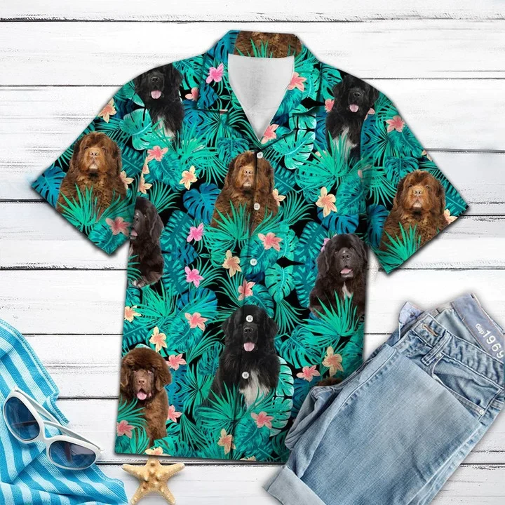 Newfoundland Hawaii Shirt, Lovely Newfoundland Tropical Leaves And Hibiscus Trendy Hawaiian Shirt Newfoundland Hawaii Shirt, Lovely Newfoundland Tropical Leaves And Hibiscus Trendy Hawaiian Shirt
