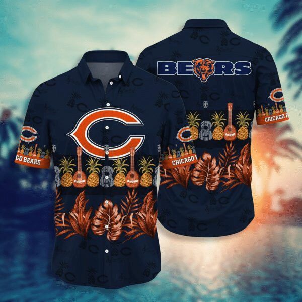 NFL Chicago Bears Guitar Pineapple In Dark Blue Hawaiian Shirt