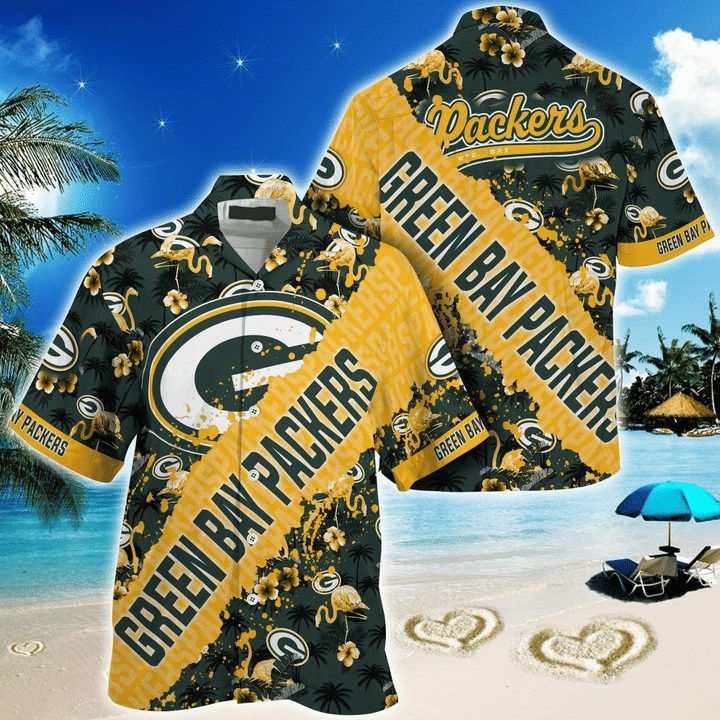 NFL Green Bay Packers Yellow Cover Green Text Hawaiian Shirt