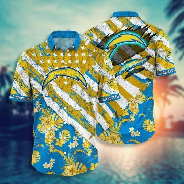 NFL Los Angeles Chargers Gold Flowers Blue Hawaiian Shirt